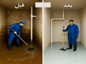 شركة رؤية - أفضل شركة تنظيف خزانات بمكة مع غسيل وتعقيم بخصم 61% 2 عزل خزان ارضي كبير من الداخل قبل وبعد